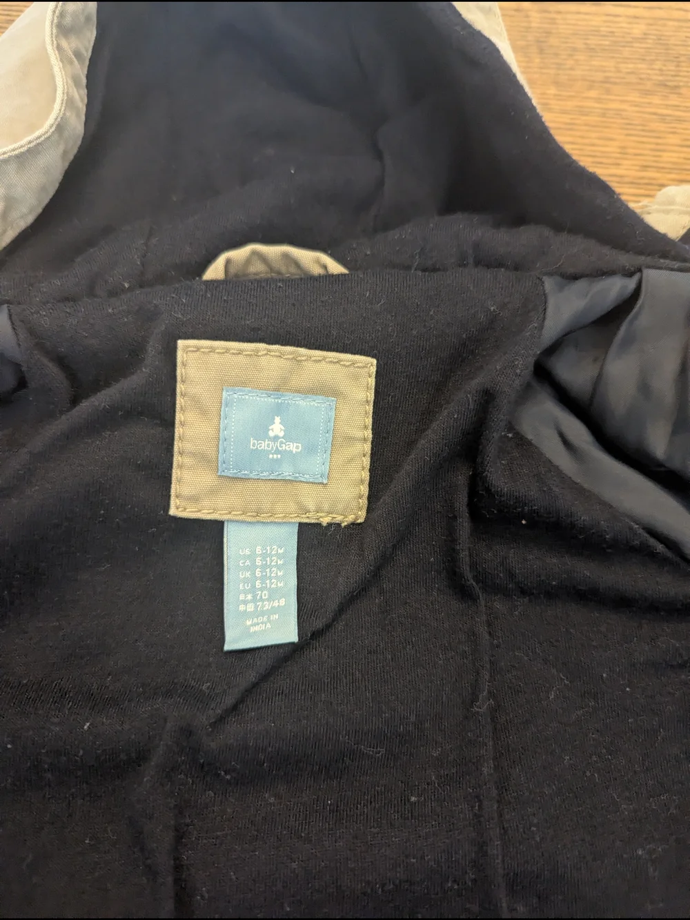 EUC Baby Gap Boys 6-12 month Khaki Beige Utility Jacket Hooded Black Lining